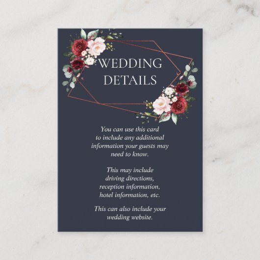 Koper Geometrisch Bourgondisch Blauw Bruiloft Deta Informatiekaartje (Voorkant)