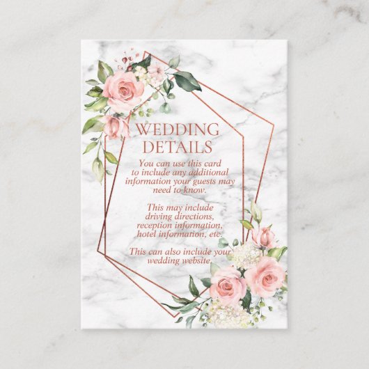 Koper Geometrisch Marmer Roze Bloemen Bruiloft Det Informatiekaartje (Voorkant)