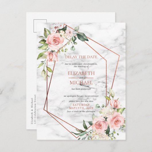 Koper Geometrisch Marmer Roze Bloemendelay Datum Aankondigingskaart (Voorkant / Achterkant)