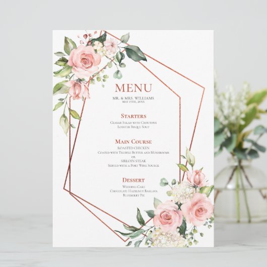 Koper Geometrisch Perzik Roze Bloemen Menu (Staand voorkant)