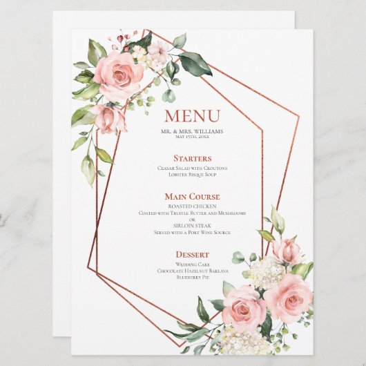 Koper Geometrisch Perzik Roze Bloemen Menu (Voorkant / Achterkant)