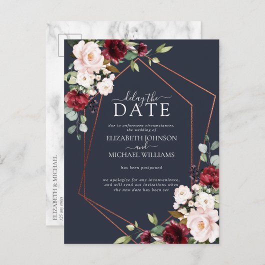 Koper Geometrische Bourgogne Blauwe Vertraging Dat Aankondigingskaart (Voorkant / Achterkant)