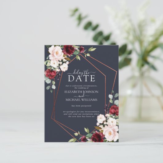 Koper Geometrische Bourgogne Blauwe Vertraging Dat Aankondigingskaart (Staand voorkant)