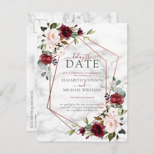 Koper Geometrische Bourgogne Marmer Vertraging Dat Aankondigingskaart (Voorkant / Achterkant)