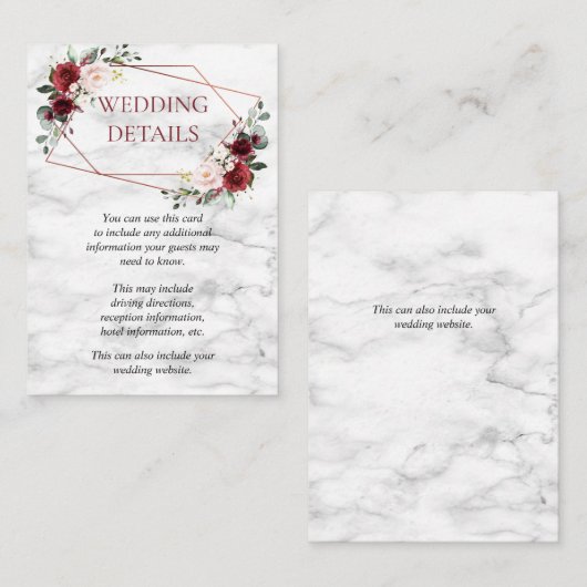 Koper Geometrische Bourgondische Marmer Bruiloft D Informatiekaartje (Voorkant / Achterkant)