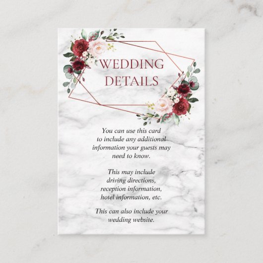 Koper Geometrische Bourgondische Marmer Bruiloft D Informatiekaartje (Voorkant)