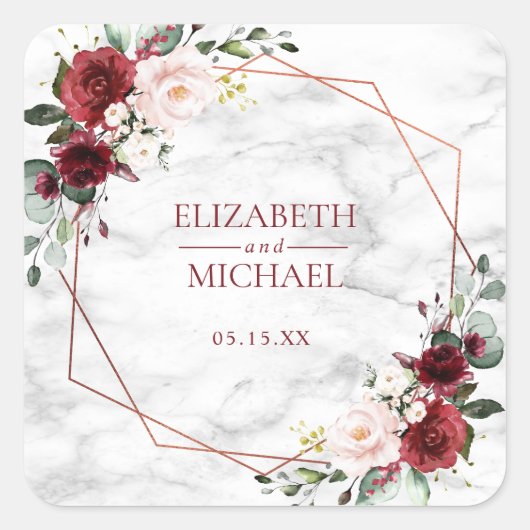 Koper Geometrische Bourgondische Marmeren Bruiloft Vierkante Sticker (Voorkant)