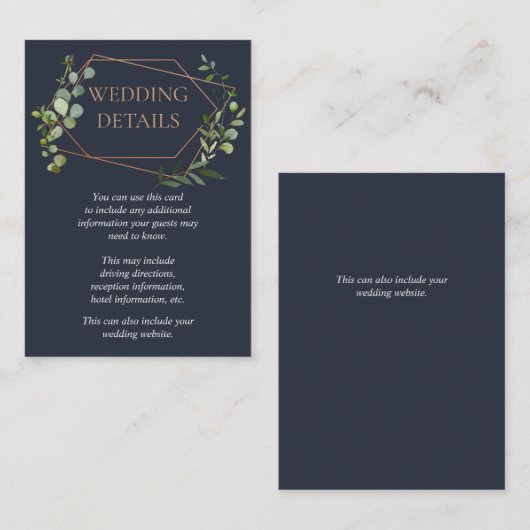 Koper Geometrische Eucalyptus Blauw Bruiloft Detai Informatiekaartje (Voorkant / Achterkant)