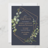 Koper geometrische eucalyptus blauw foto save the date (Voorkant)