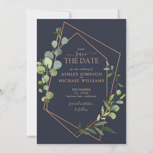 Koper geometrische eucalyptus blauw foto save the date (Voorkant)