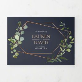 Koper Geometrische Eucalyptus Blue Elegant Wedding Drieluik Uitnodiging