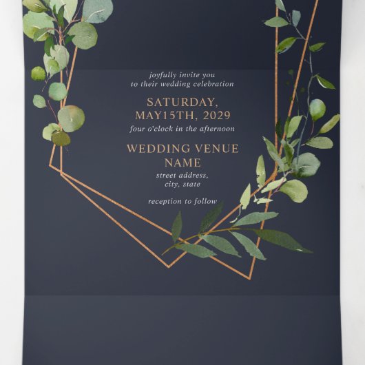 Koper Geometrische Eucalyptus Blue Elegant Wedding Drieluik Uitnodiging (Binnenkant midden)