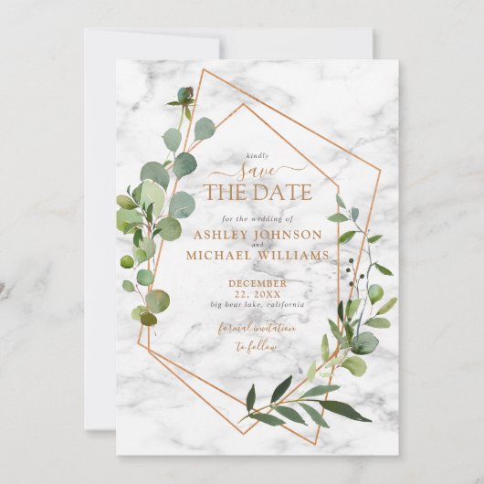 Koper Geometrische Eucalyptus Foto slaat de datum  Save The Date (Voorkant)