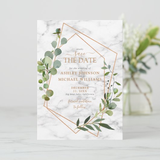 Koper Geometrische Eucalyptus Foto slaat de datum Save The Date (Staand voorkant)