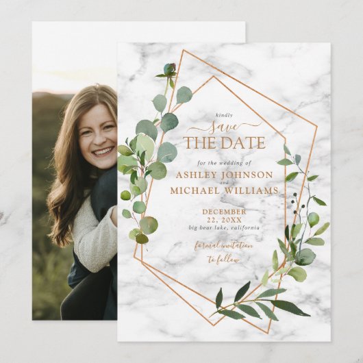 Koper Geometrische Eucalyptus Foto slaat de datum Save The Date (Voorkant / Achterkant)