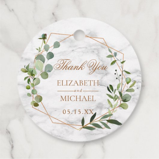 Koper Geometrische Eucalyptus Marble Elegant Weddi Bedankjes Labels (Achterkant)