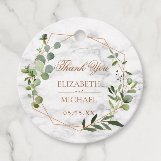 Koper Geometrische Eucalyptus Marble Elegant Weddi Bedankjes Labels (Voorkant)