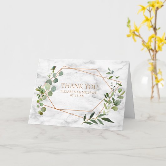 Koper Geometrische Eucalyptus Marmer Foto Bruiloft Kaart (Gele Bloem)