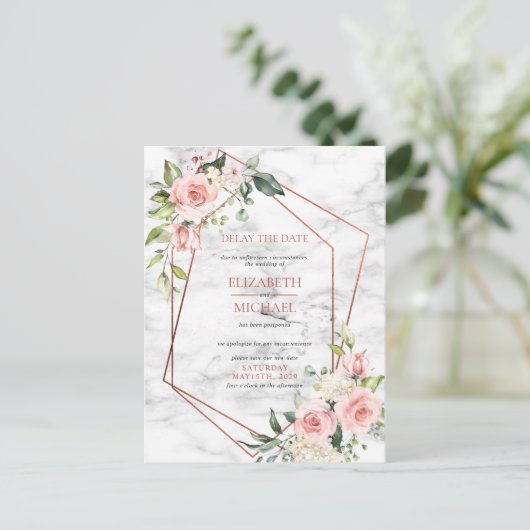 Koper Geometrische Marmer Roze BloemVertragingsdat Aankondigingskaart (Staand voorkant)