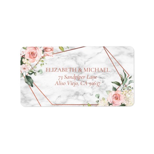 Koper Geometrische marmer roze Floral Adres Etiket (Voorkant)