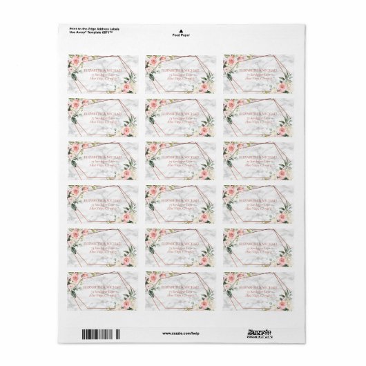 Koper Geometrische marmer roze Floral Adres Etiket (Full Sheet)