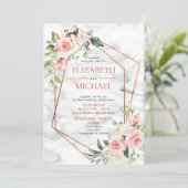 Koper Geometrische marmer roze Floral Wedding Kaart (Staand voorkant)