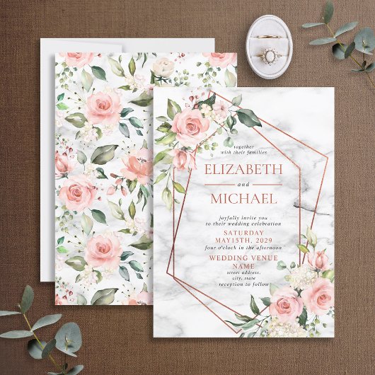 Koper Geometrische marmer roze Floral Wedding Kaart