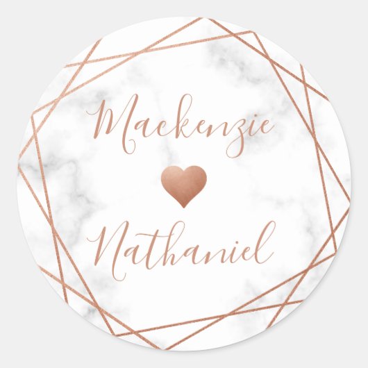 Koper Geometrische Marmeren Hart Custom Namen Brui Ronde Sticker (Voorkant)