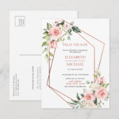 Koper Geometrische Perzik Roze Bloemige Uitstel Da Aankondigingskaart (Voorkant / Achterkant)