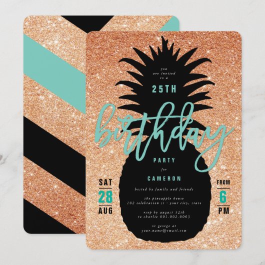 Koper Glitter Ananas Verjaardags Uitnodiging (Voorkant / Achterkant)