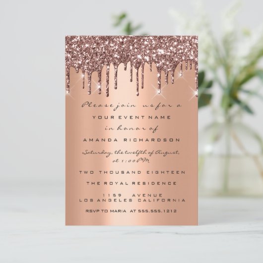 Koper Glitter Druppels Roze Goud Bruiloft 16e Kaart (Staand voorkant)