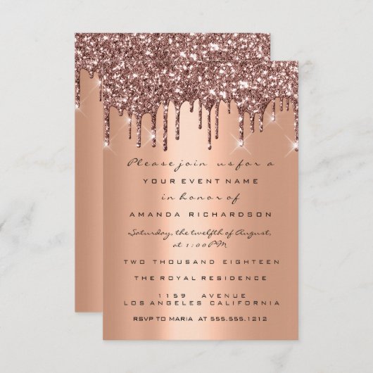 Koper Glitter Druppels Roze Goud Bruiloft 16e Kaart (Voorkant / Achterkant)