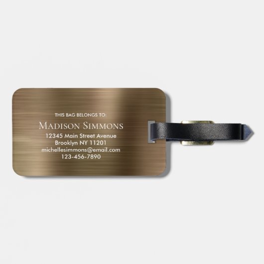 Koper Goud Geborsteld Staal Metaal Script Monogram Bagagelabel (Achterkant horizontaal)