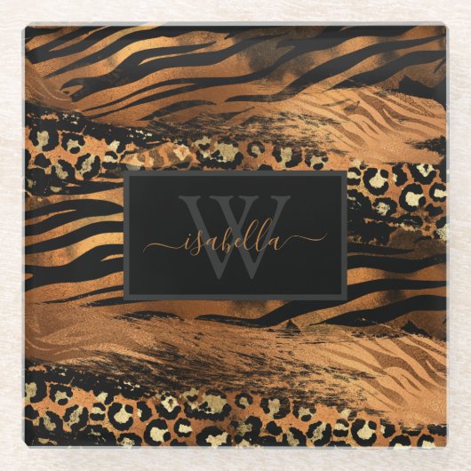 Koper Goud Zwart Monogram Script Initiële Naam Glazen Onderzetter (Voorkant)