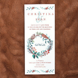 Koper, groene dennennaald krans bruiloft kaart