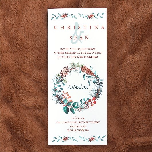 Koper, groene dennennaald krans bruiloft kaart