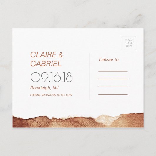 Koper kleur moderne, eenvoudige bruiloft met datum aankondigingskaart (Achterkant)