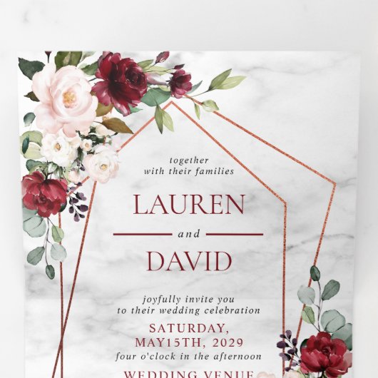 Koper Marmer Geometrische Bourgogne Bloemen Drieluik Uitnodiging (Binnenzijde eerst)