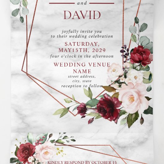 Koper Marmer Geometrische Bourgogne Bloemen Drieluik Uitnodiging (Binnenkant midden)