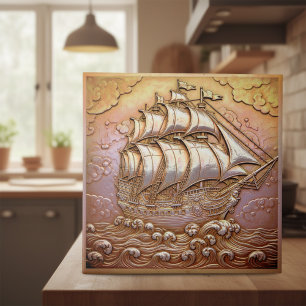 Koper Metaalachtig Iridiserend Zeilschip ID1223 Tegeltje