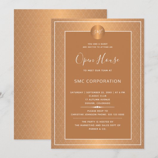 Koper Metallic Bedrijf Monogrammed Open Huis Kaart (Voorkant / Achterkant)