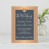 Koper Metallic Marine Blauw Elegant Monogram Huwel Kaart (Staand voorkant)