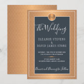 Koper Metallic Marine Blauw Elegant Monogram Huwel Kaart (Voorkant / Achterkant)