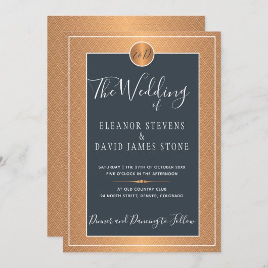 Koper Metallic Marine Blauw Elegant Monogram Huwel Kaart (Voorkant / Achterkant)