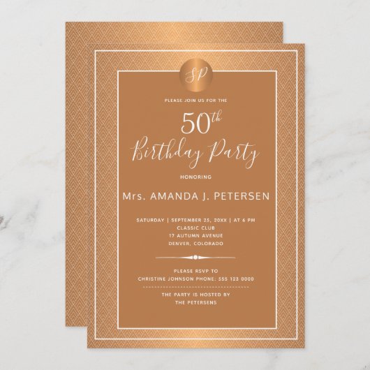 Koper Metallic Monogrammed Vijftig Verjaardagsfees Kaart (Voorkant / Achterkant)