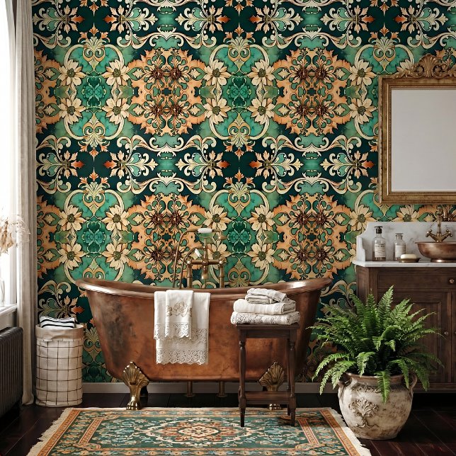 Koper Patina Acanthus Scroll Damast Vintage Stijl Behang (Ornate copper patina verdigris repeating pattern wallpaper shown in Victorian style bathroom)