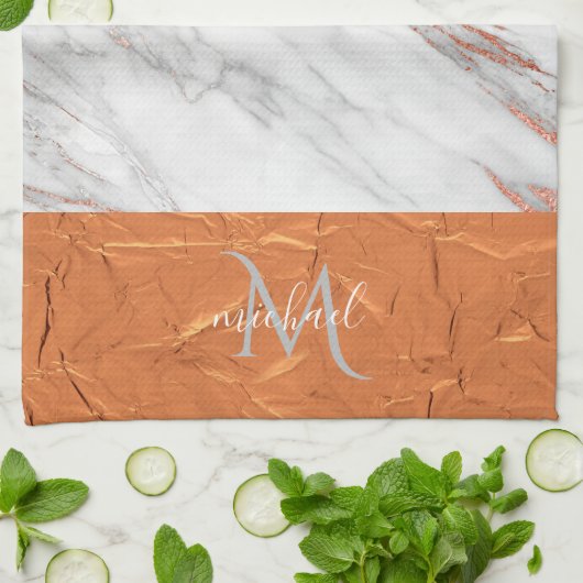 Koper Roos Gold en grijze marmer met monogram kit Theedoek (Gevouwen)