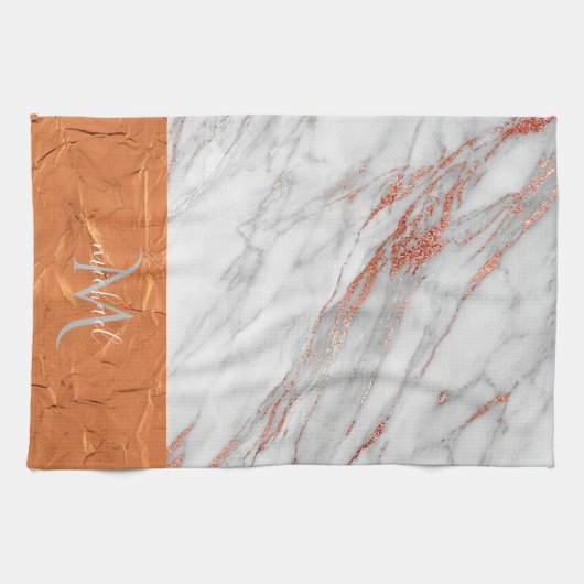 Koper Roos Gold en grijze marmer met monogram kit Theedoek (Horizontaal)