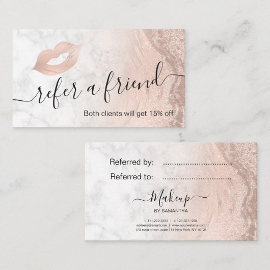 Koper roos goud glitter lippen marmer make-up kuns aanbevelingskaartje (Voorkant / Achterkant)