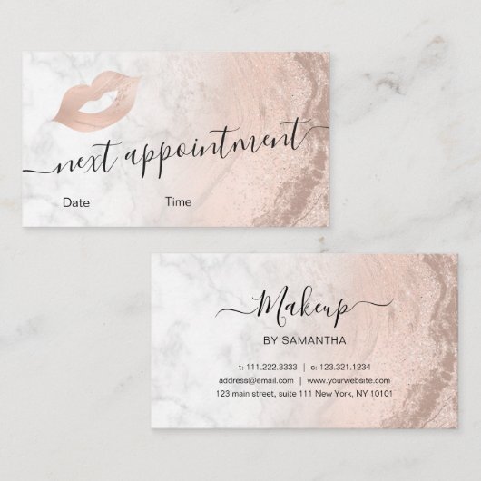 Koper roos goud glitter lippen marmer make-up kuns afsprakenkaartje (Voorkant / Achterkant)